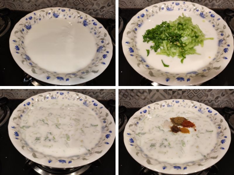 collage of 4 photos showing step by step process of making cucumber raita in Himalayan style