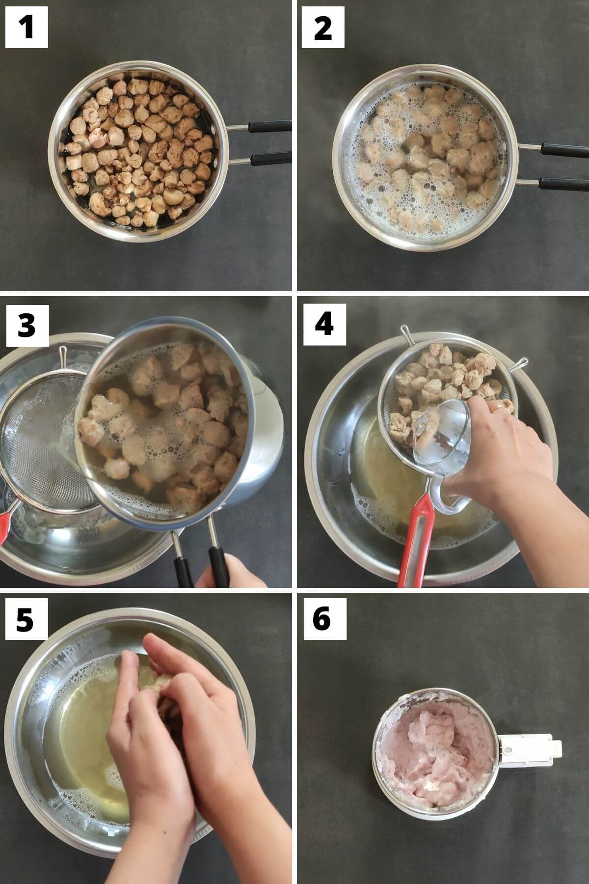 collage of images of steps 1 to 6 of soya chunks curry recipe.