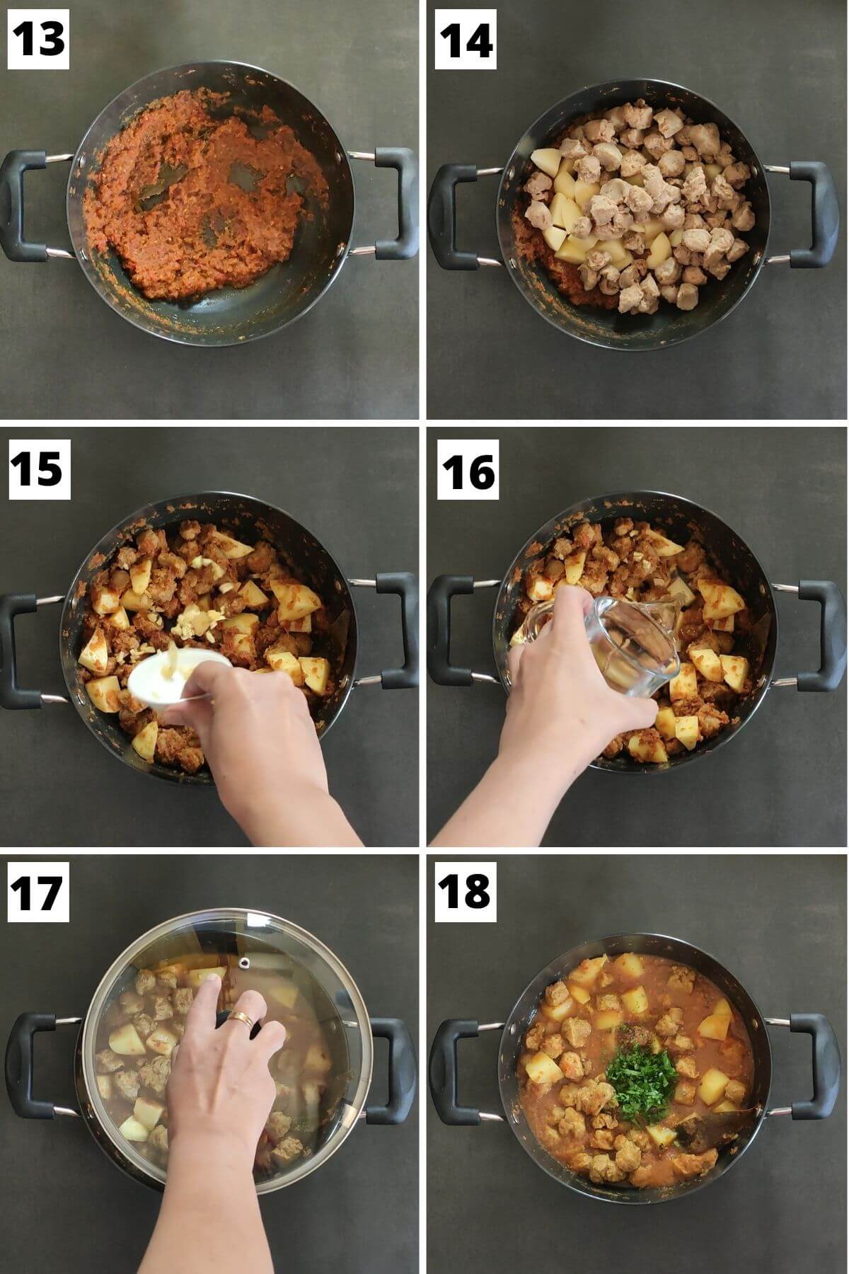 collage of images of steps 13 to 18 of soya chunks curry recipe.