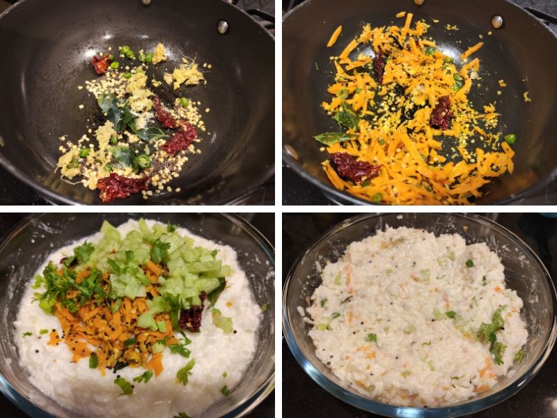 Collage of 4 photos showing the step by step process of making curd rice