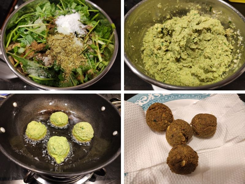 Collage of 4 photos showing the step by step process of making falafel