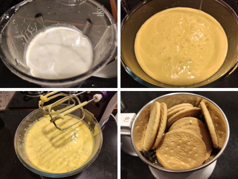 Collage of 4 photos showing the step by step process of making mango cheesecake ice cream