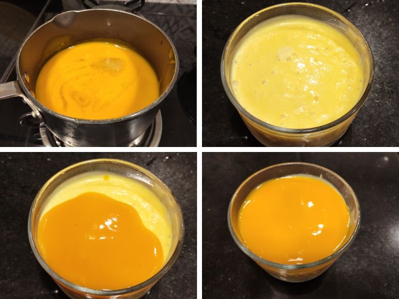 Collage of 4 photos showing the step by step process of making mango cheesecake ice cream