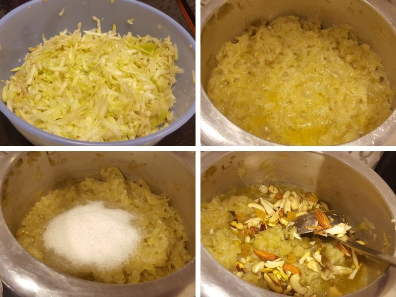 collage of 4 photos showing the step by step process of making lauki ka halwa