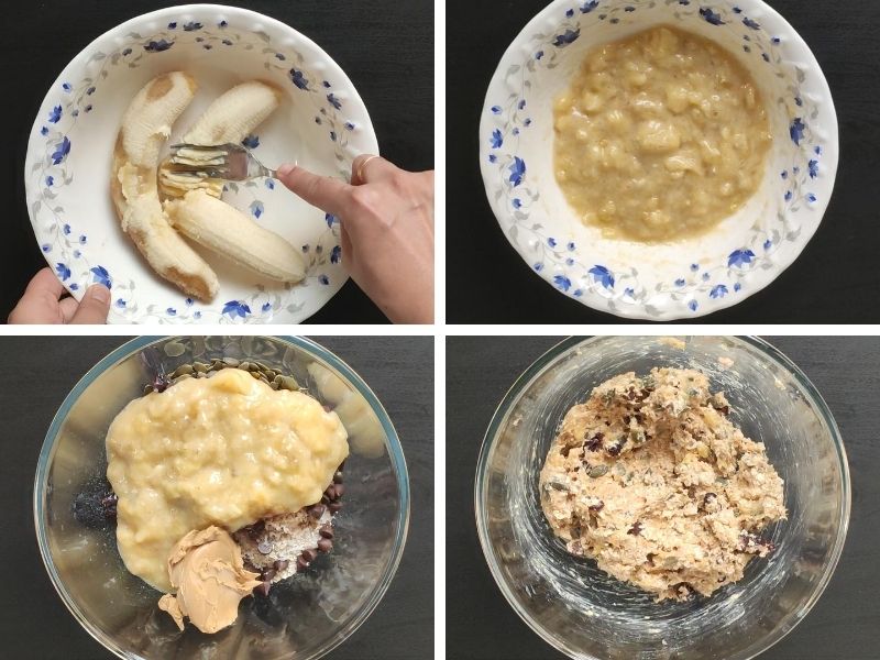 Collage of 4 photos showing the steps of making vegan oatmeal cookies