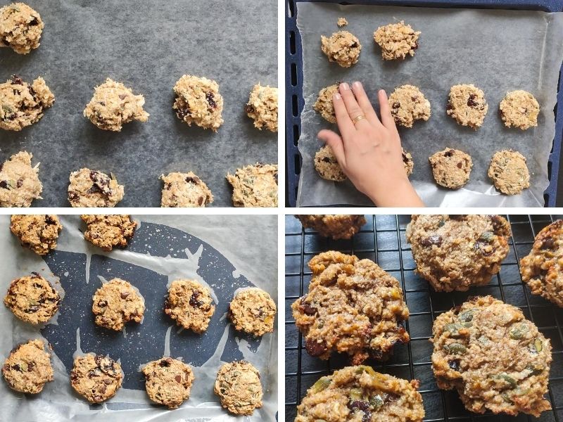 Collage of 4 photos showing the steps of making vegan oatmeal cookies