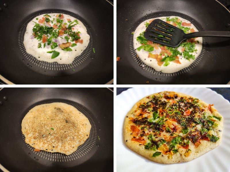 Collage of 4 photos showing step by step process of making Rava Uttapam