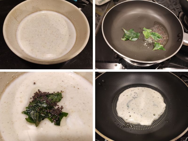 Collage of 4 photos showing step by step process of making Rava Uttapam