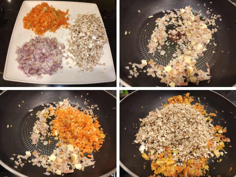 collage of 4 photos showing the step by step process of making vegan pasta bolognese