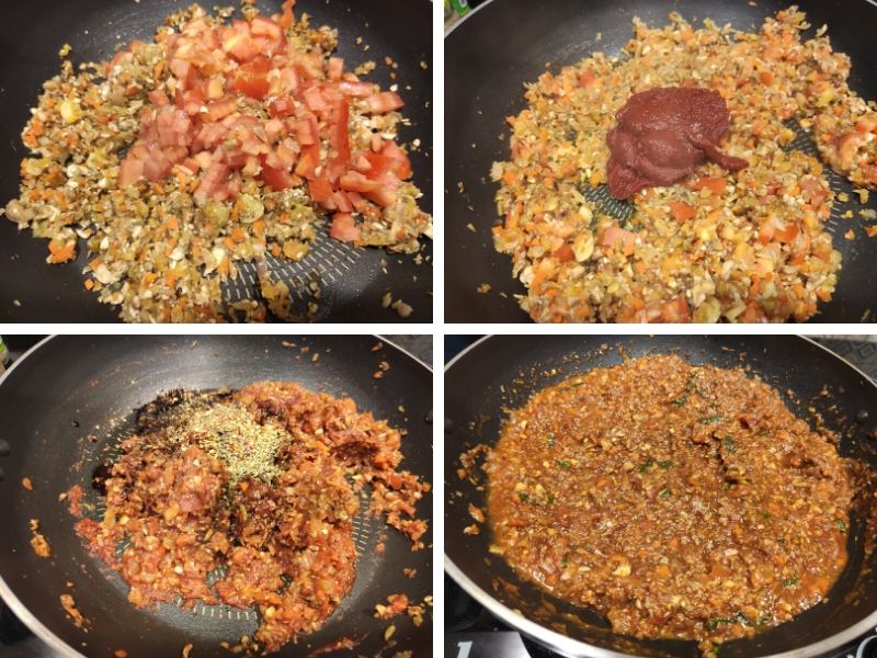 collage of 4 photos showing the step by step process of making vegan pasta bolognese