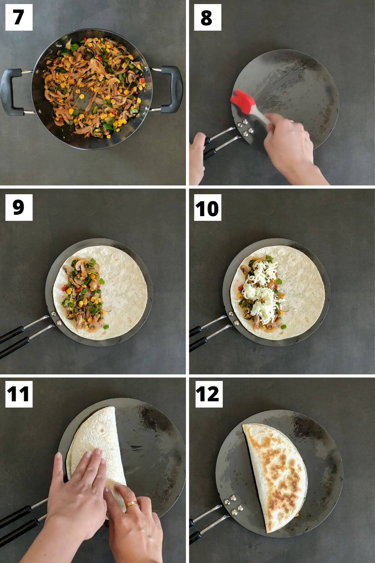 Collage of steps 7 to 12 of veggie quesadilla.