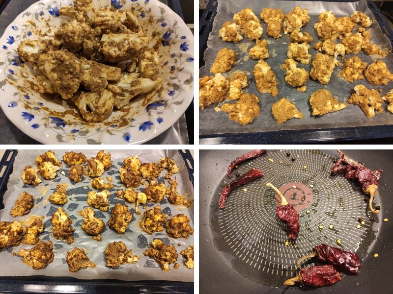 Collage of 4 photos showing step by step process of making Kung Pao Cauliflower