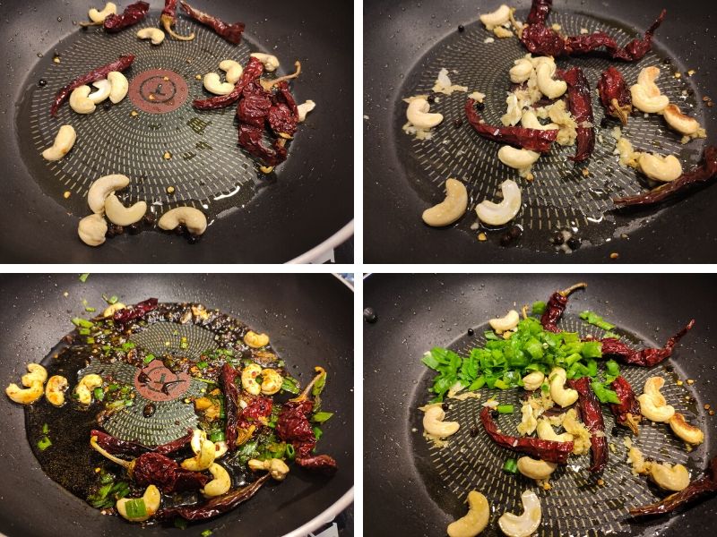Collage of 4 photos showing step by step process of making Kung Pao Cauliflower