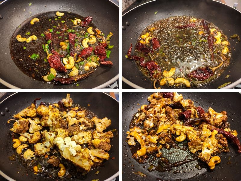 Collage of 4 photos showing step by step process of making Kung Pao Cauliflower