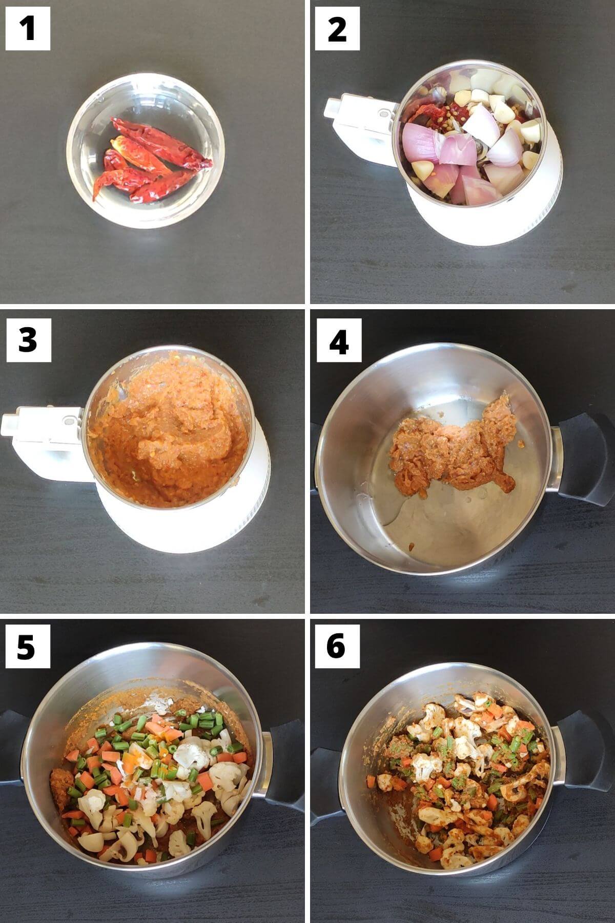 Collage of steps 1 to 6 of vegetarian khao soi recipe.