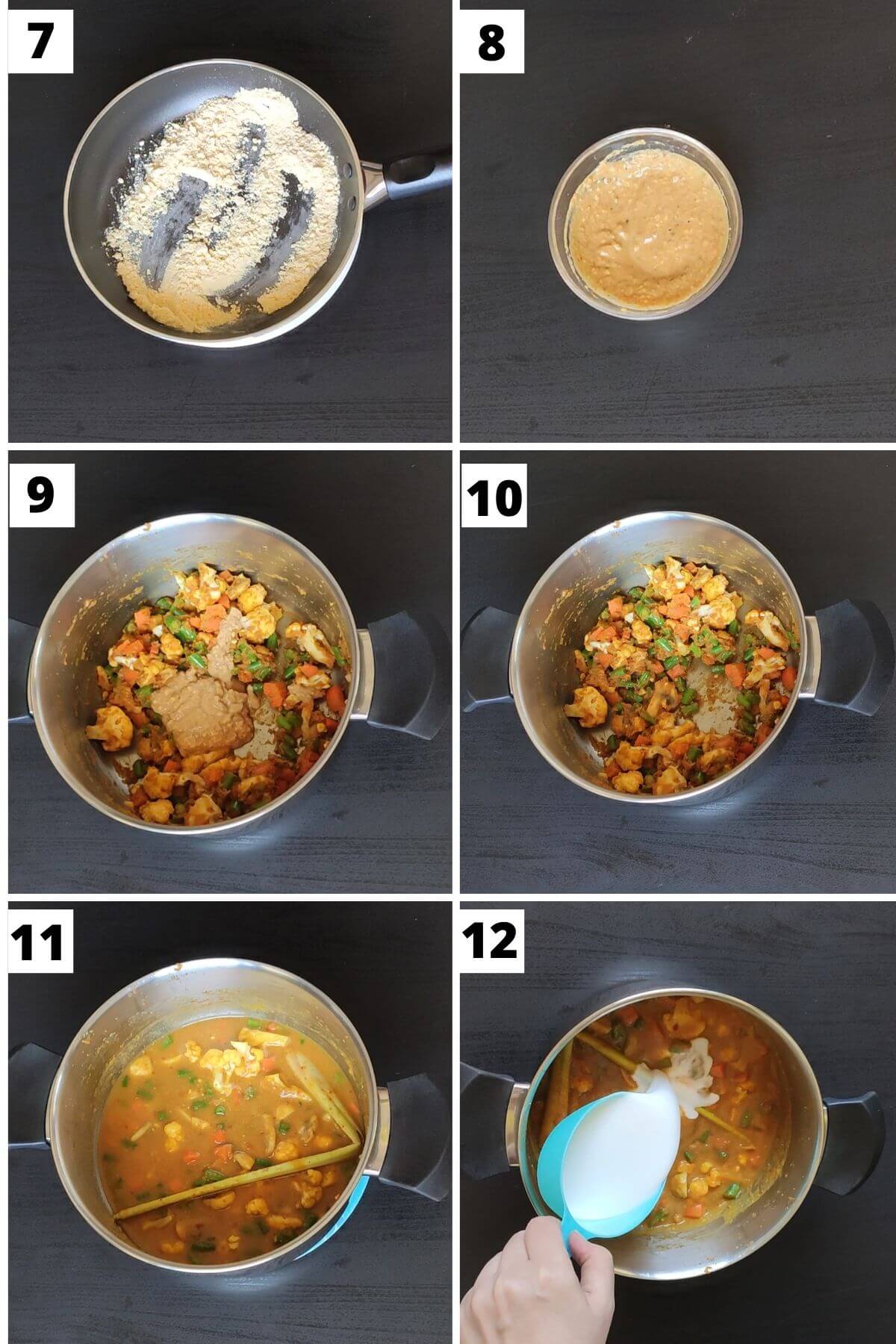 Collage of steps 7 to 12 of vegetarian khao soi recipe.