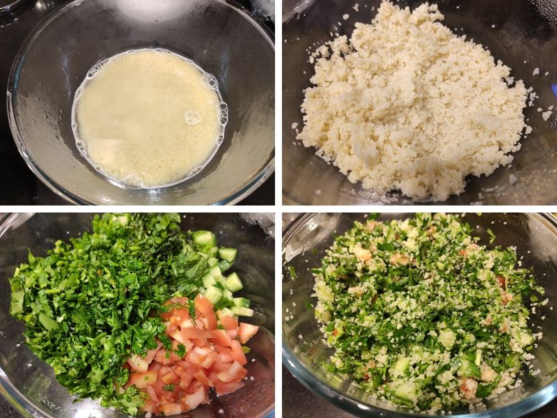 Collage of 4 photos showing step by step process of making Tabbouleh