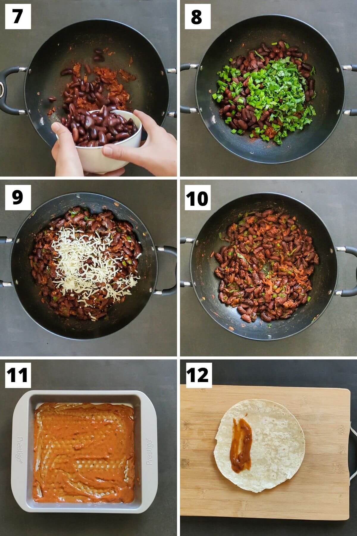 steps 7 to 12 of kidney bean enchilada recipe.