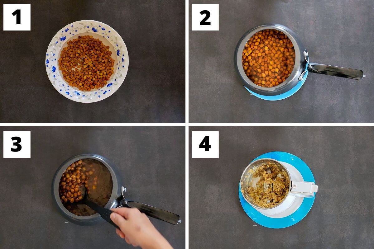 Collage of images of steps 1 to 4 of kala chana recipe.