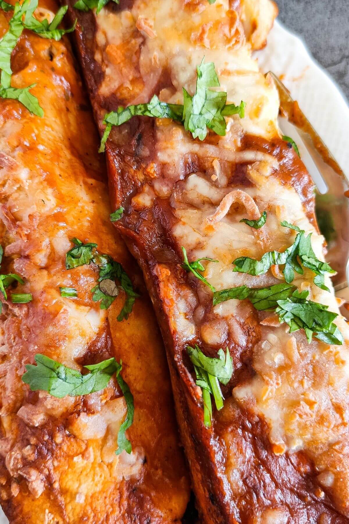 vegetarian bean and cheese enchilada garnished with cilantro.