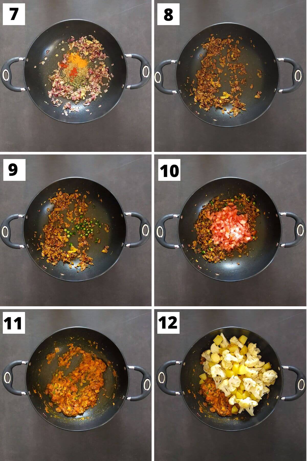 Collage of steps 7 to 12 of aloo gobi recipe