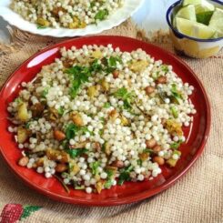 Sabudana khichdi served on a red plate