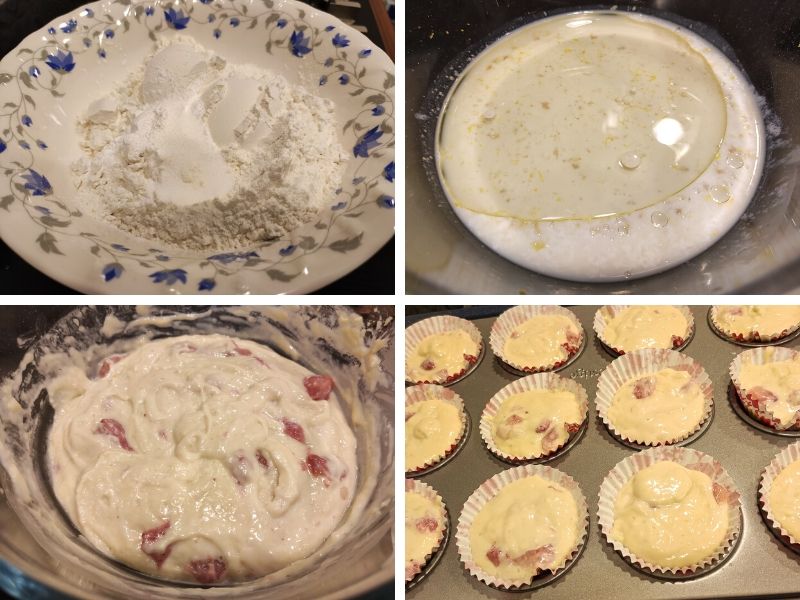 collage of 4 photos showing the step by step process of making vegan strawberry muffins