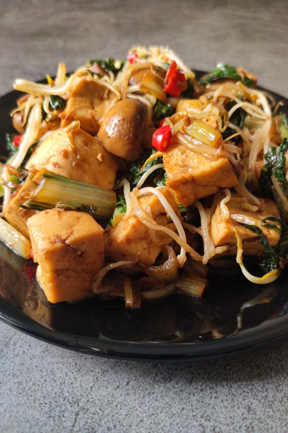Stir fried tofu with bean sprouts and mushrooms on a black plate