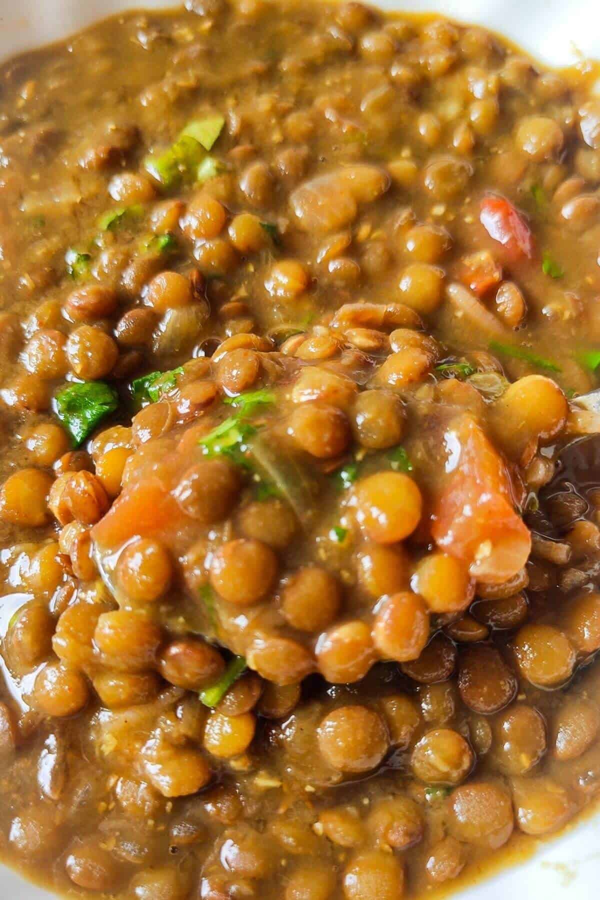 Masoor dal garnished with cilantro in a white bowl