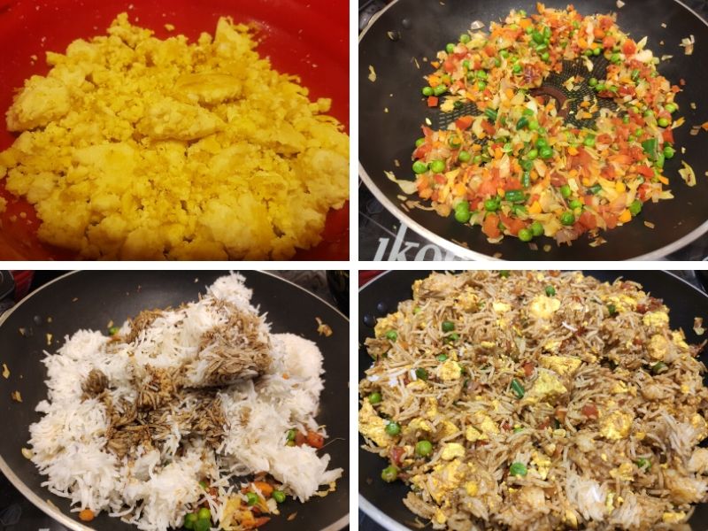 collage of 4 photos showing the step by step process of making tofu fried rice