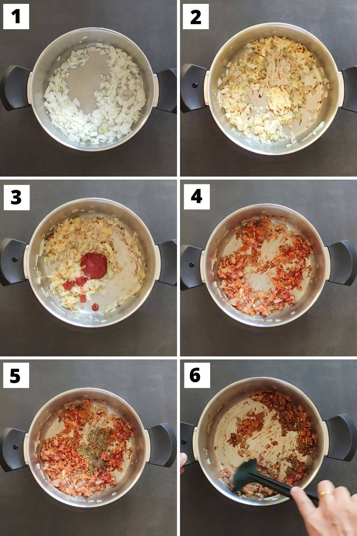 collage of steps 1 to 6 of vegan lasagna soup recipe