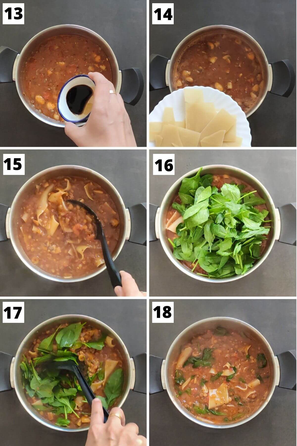 collage of steps 13 to 18 of vegan lasagna soup recipe