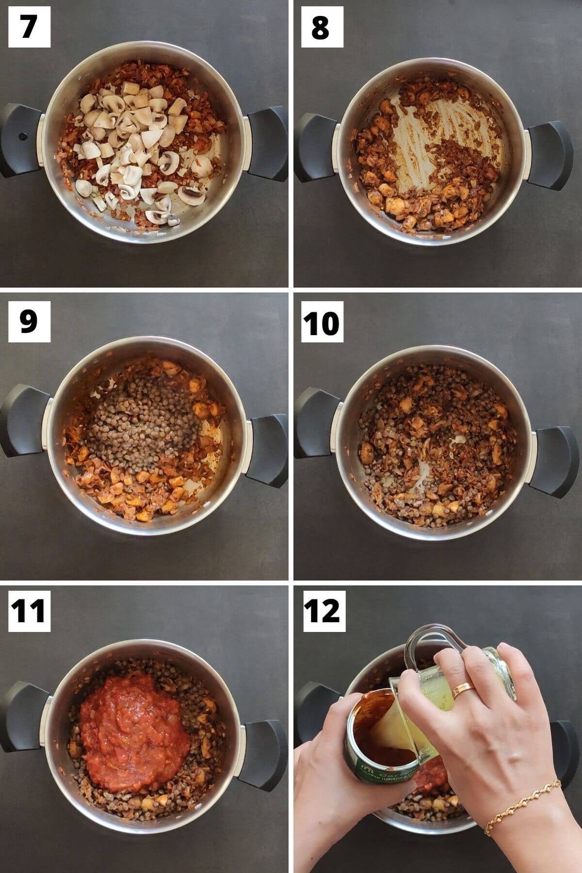collage of steps 7 to 13 of vegan lasagna soup recipe