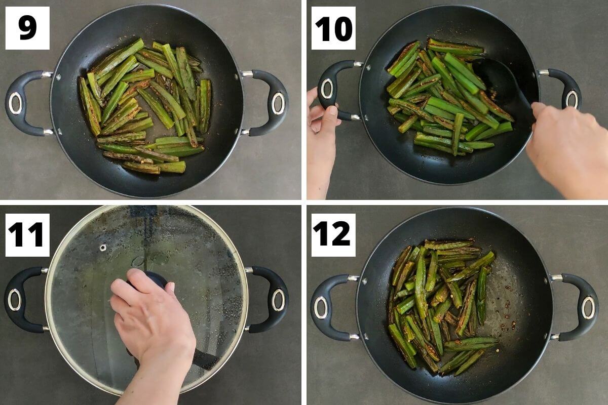 collage of images of steps 9 to 12 of bharwa bhindi recipe.