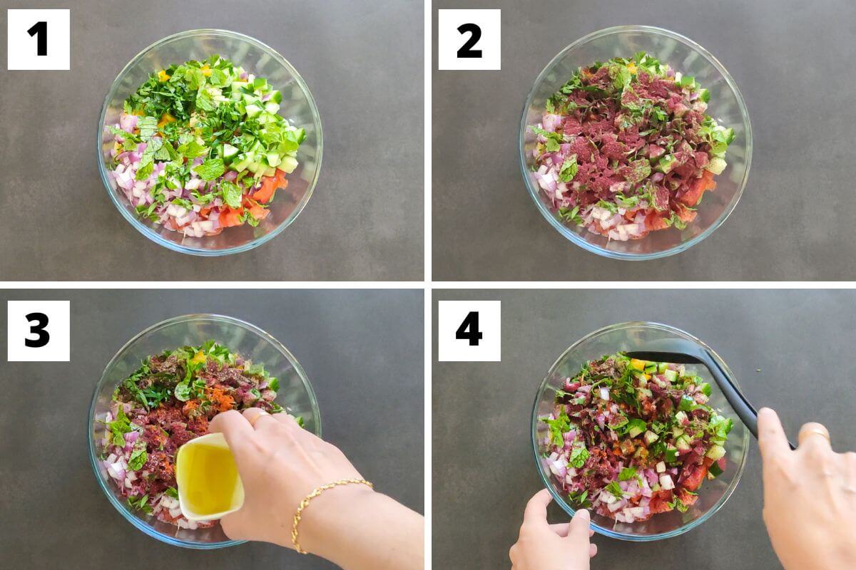 collage of images of steps 1 to 4 of balela salad recipe.