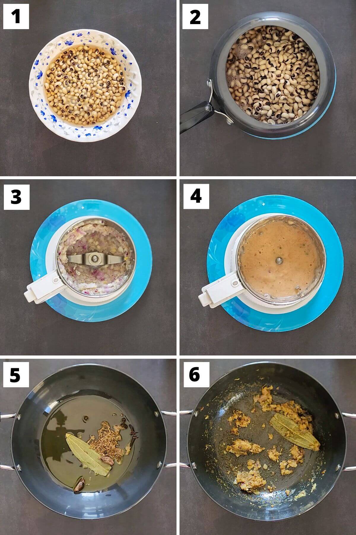 Collage of images of steps 1 to 6 of lobia masala recipe.