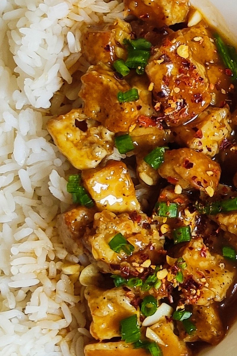 closeup shot of orange tofu served with rice