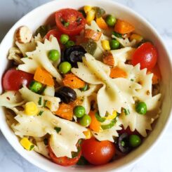 Vegan pasta salad in a white bowl