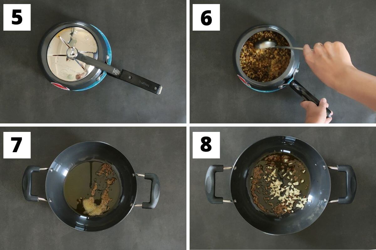 collage of images of steps 5 to 8 of mung bean curry
