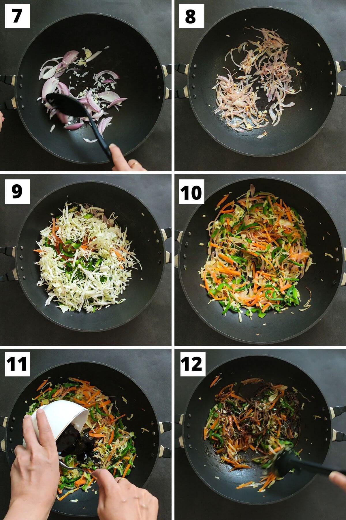 collage of images of step 7 to 12 of chow mein recipe