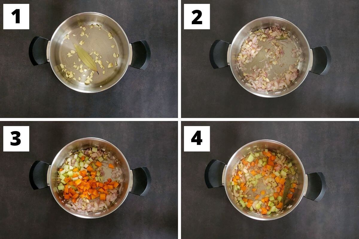collage of images of steps 1 to 4 of red lentil soup recipe.