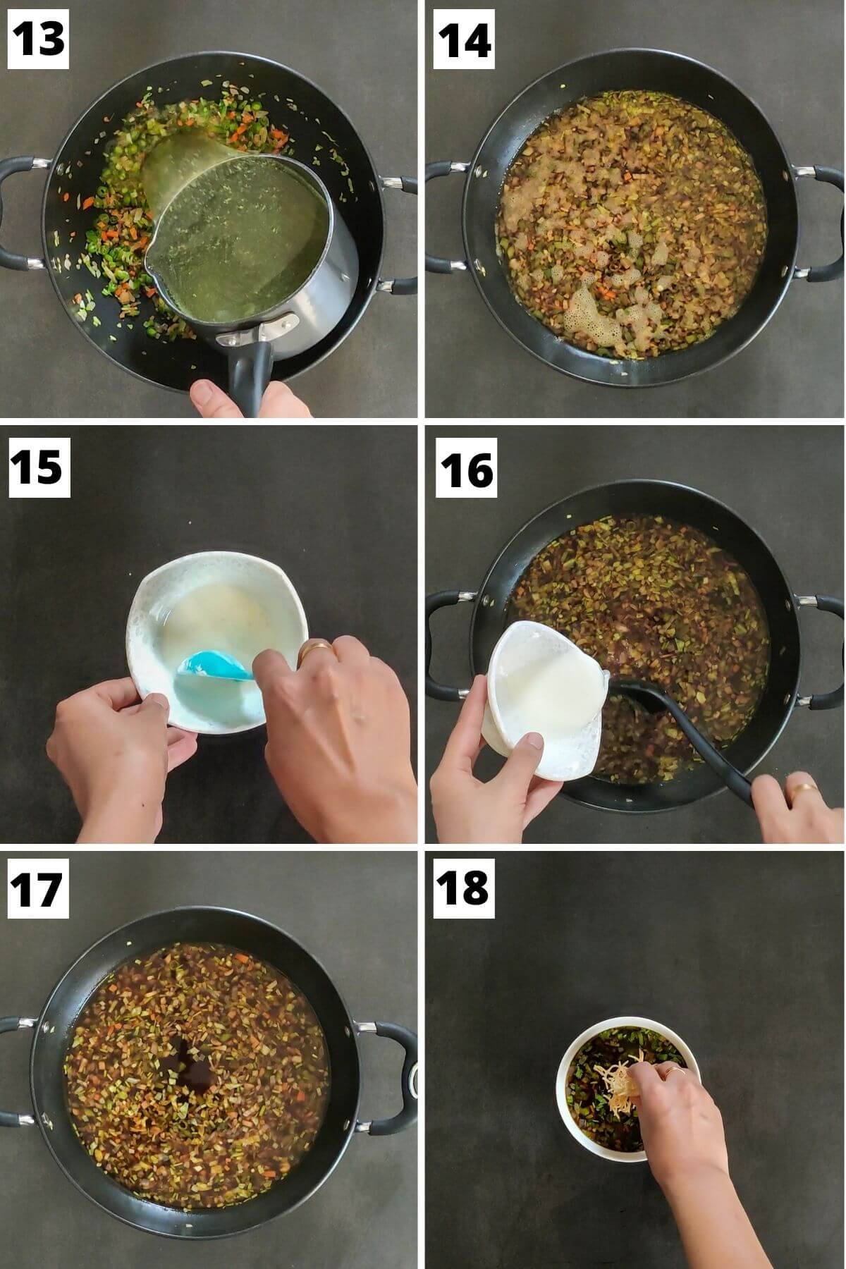 collage of images of steps 13 to 18 of veg manchow soup recipe.