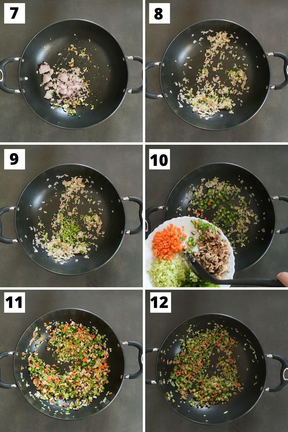 collage of steps 7 to 12 of veg manchow soup