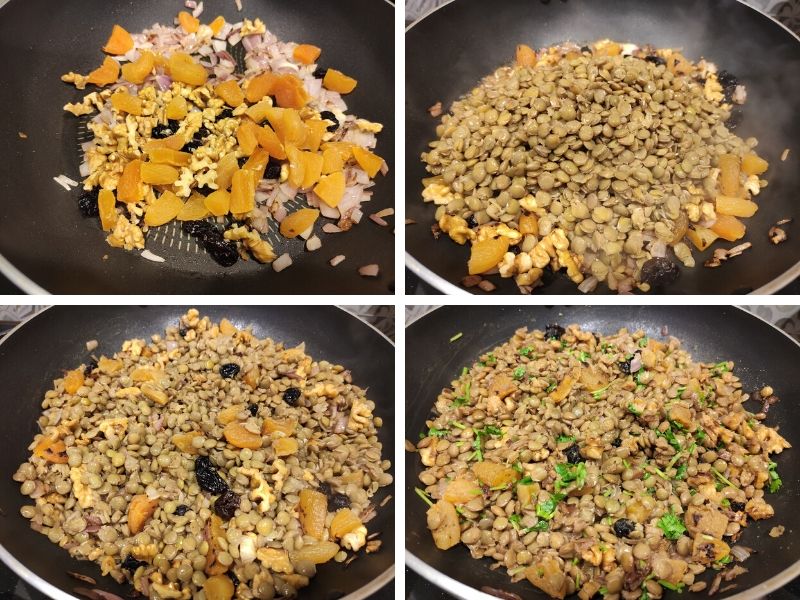 Collage of 4 photos showing the step by step process of making vegan lentil salad mshosh