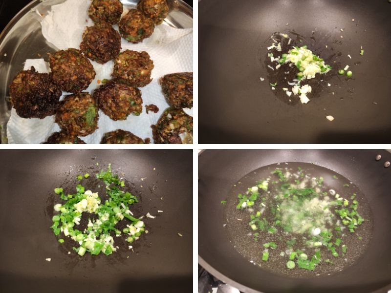collage of 4 photos showing step by step process of making veg Manchurian