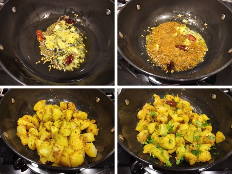 Collage of 4 photos showing the step by step process of making aloo ke gutke