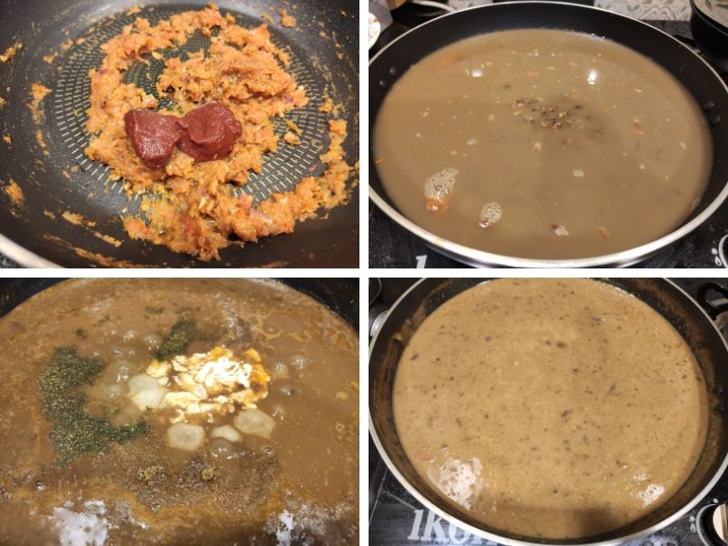 collage of 4 photos showing the step by step process of making dal makhani