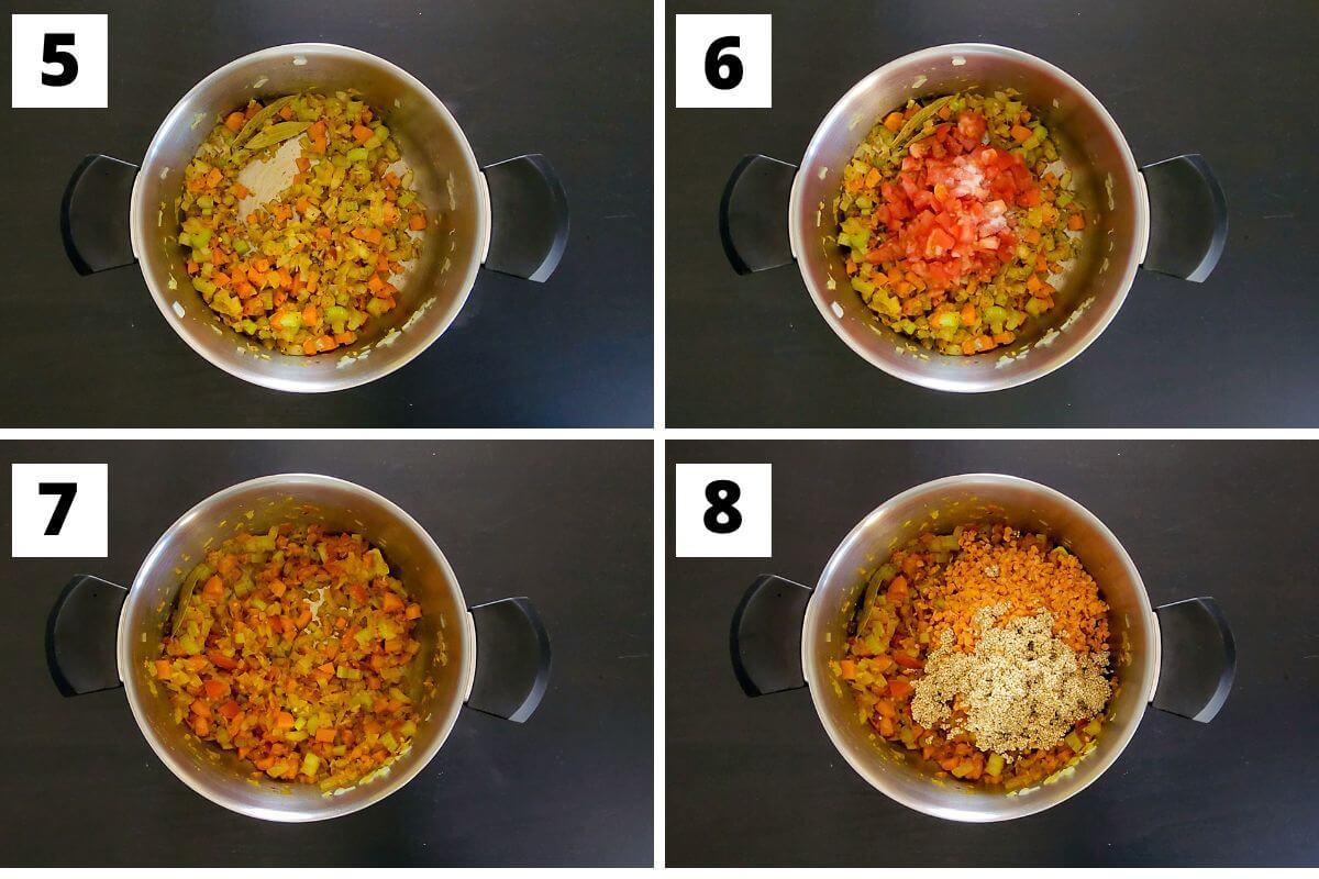 Collage of images of steps 5 to 8 of lentil quinoa recipe.