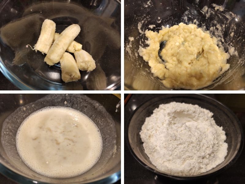 A collage of 4 photos showing the making process of vegan banana muffins