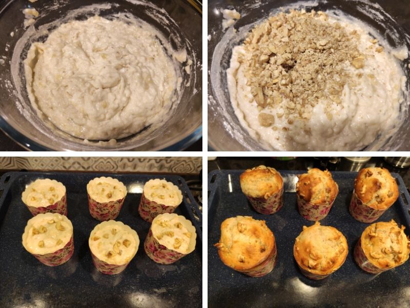 A collage of 4 photos showing the making process of vegan banana muffins